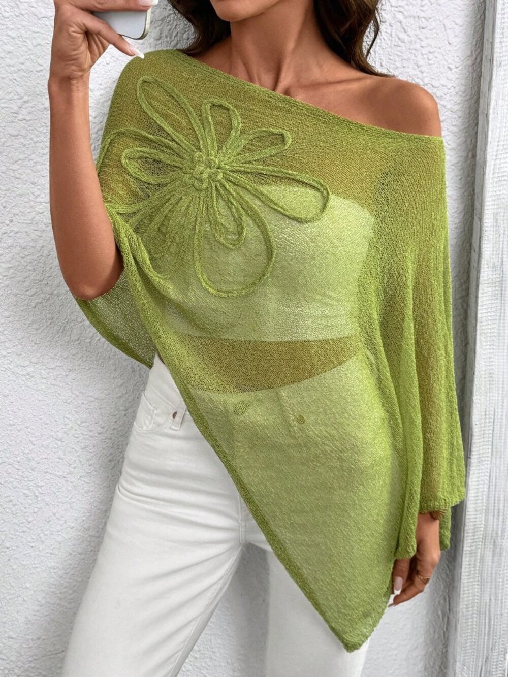 Green Casual Women's Plus Size Asymmetric Hem Design Poncho Style Knit Top